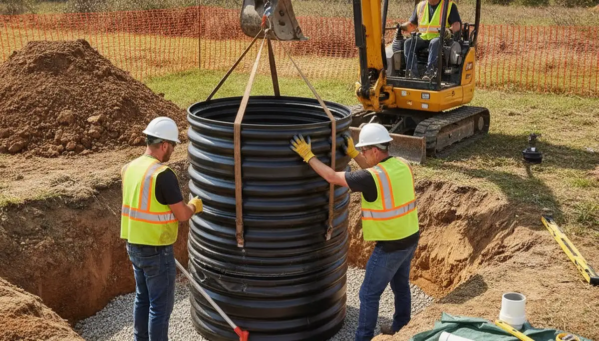 Septic tank installation crew preparing a Berkeley, CA home site for plumbing service