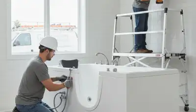 Berkeley, CA plumber installing a walk-in tub for safer bathing in an older home